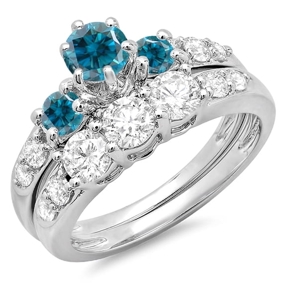 Dazzlingrock Collection 2.00 Carat (ctw) 14k Blue & White Diamond 3 Stone Bridal Engagement Ring Set 2 CT, White Gold, Size 5.5