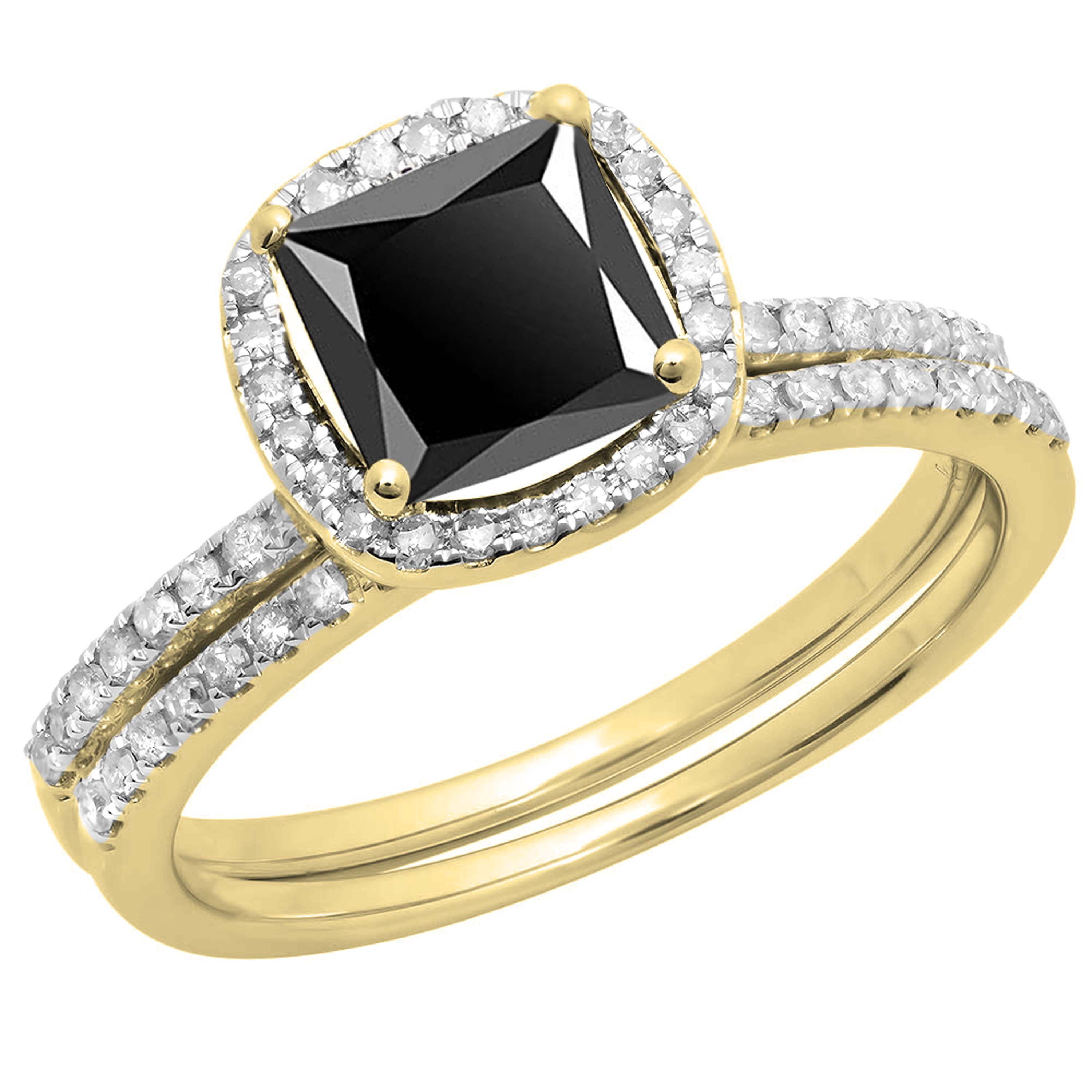 Dazzlingrock Collection 2.00 Carat (ctw) Princess Black & Round White Diamond Bridal Halo Engagement Ring Set for Women in 14K Yellow Gold, Size 9