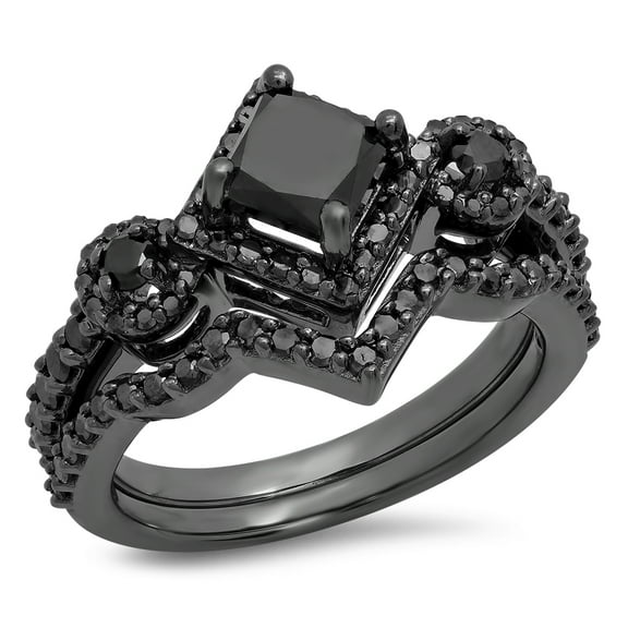 Dazzlingrock Collection 2.10 Carat (ctw) Black Rhodium Plated Sterling Silver Black Diamond Bridal Engagement Set, Size 8.5