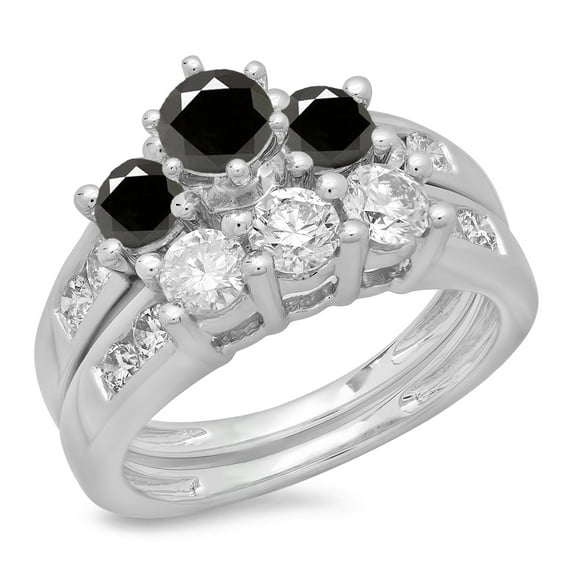 Dazzlingrock Collection 2.25 Carat (ctw) 14K Black & White Diamond 3 Stone Engagement Ring Set 2 1/4 CT, White Gold, Size 10