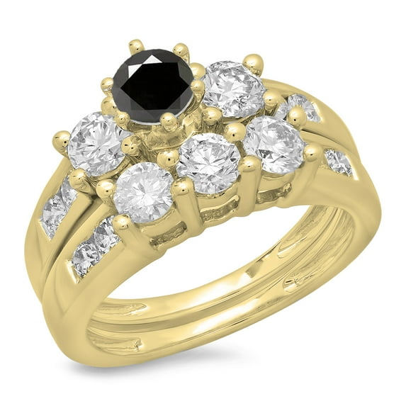 Dazzlingrock Collection 2.25 Carat (ctw) 14K Black & White Diamond 3 Stone Engagement Ring Set 2 1/4 CT, Yellow Gold, Size 9