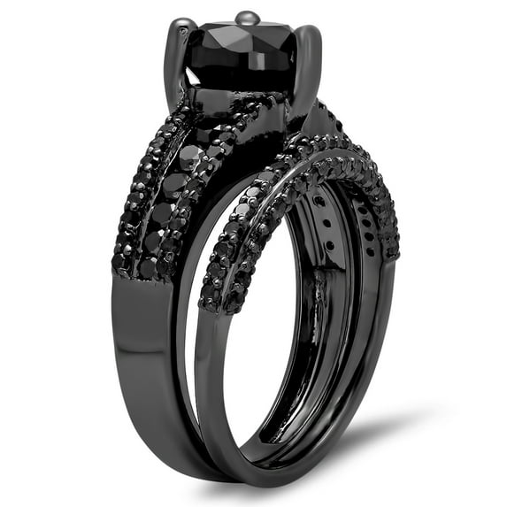 Dazzlingrock Collection 2.30 Carat (ctw) Black Rhodium Plated Sterling Silver Black Diamond Engagement Ring Set, Size 7