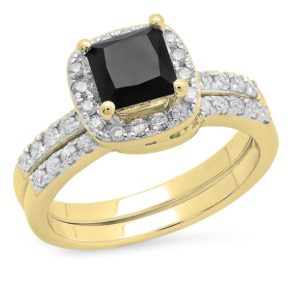 Dazzlingrock Collection 2.40 Carat (ctw) 14K Princess & Round Black & White Diamond Ring Set, Yellow Gold, Size 7