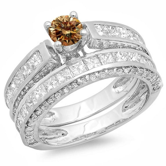 Dazzlingrock Collection 3.00 Carat (ctw) 14K Champagne & White Diamond Bridal Engagement Ring Set 3 CT, White Gold, Size 9