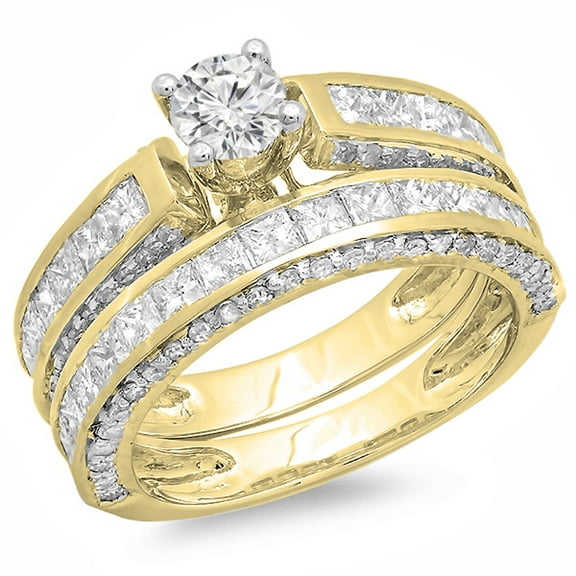 Dazzlingrock Collection 3.00 Carat (ctw) 14K Princess & Round Diamond Bridal Engagement Ring Set 3 CT, Yellow Gold, Size 8.5