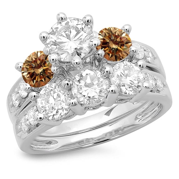 Dazzlingrock Collection 3.10 Carat (ctw) 14K Champagne & White Diamond Bridal 3 Stone Ring Set 3 1/10 CT, White Gold, Size 8