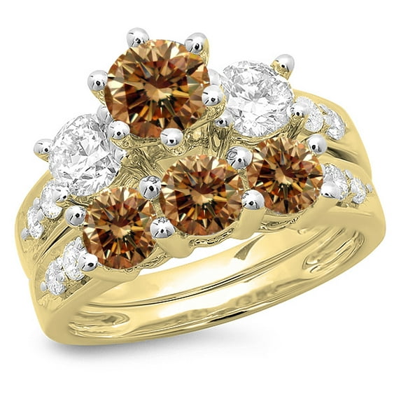 Dazzlingrock Collection 3.10 Carat (ctw) 14K Champagne & White Diamond Bridal 3 Stone Ring Set 3 1/10 CT, Yellow Gold, Size 5.5