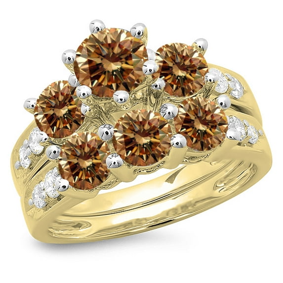 Dazzlingrock Collection 3.10 Carat (ctw) 14K Champagne & White Diamond Bridal 3 Stone Ring Set 3 1/10 CT, Yellow Gold, Size 5