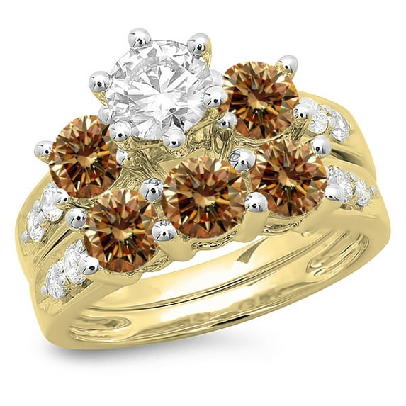 Dazzlingrock Collection 3.10 Carat (ctw) 14K Champagne & White Diamond Bridal 3 Stone Ring Set 3 1/10 CT, Yellow Gold, Size 5