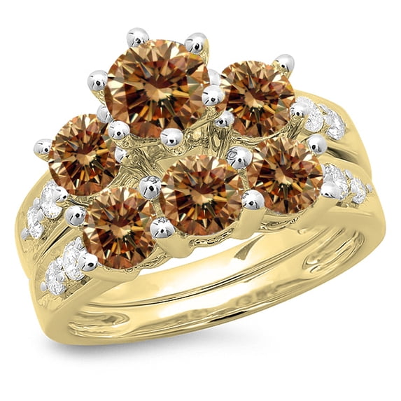 Dazzlingrock Collection 3.10 Carat (ctw) 14K Champagne & White Diamond Bridal 3 Stone Ring Set 3 1/10 CT, Yellow Gold, Size 6.5