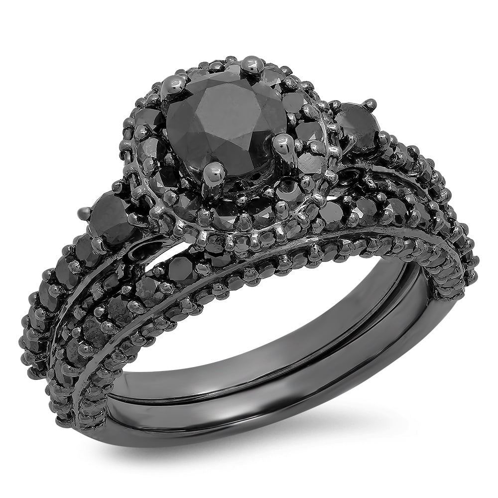 Dazzlingrock Collection 3.10 Carat (ctw) Black Rhodium Plated Sterling  Silver Black Diamond Halo Engagement Ring Set, Size 9.5