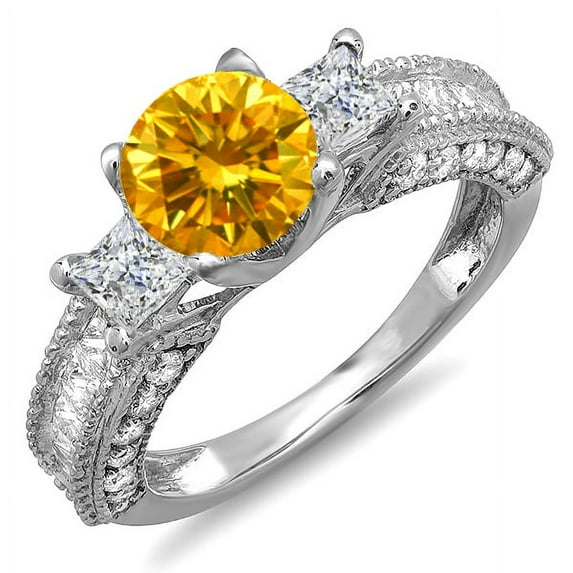 Dazzlingrock Collection 3.15 Carat (ctw) 14k Yellow & White Diamond Ladies 3 Stone Engagement Bridal Ring, White Gold, Size 8