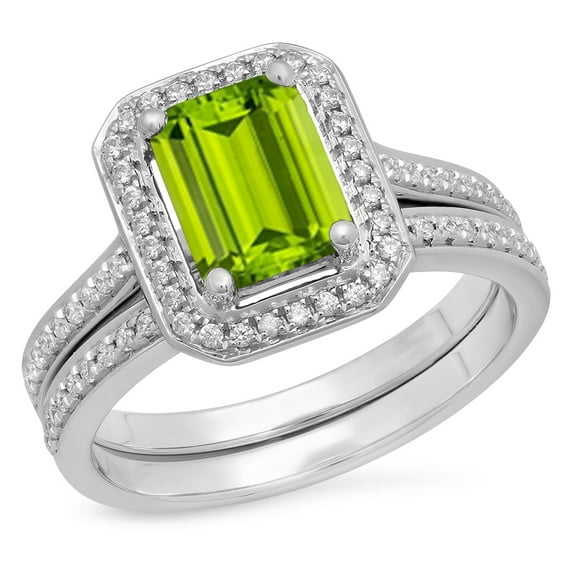 Dazzlingrock Collection 3.20 Carat (ctw) 10K Emerald Cut Green & Round White Cubic Zirconia Ring Set, White Gold, Size 7