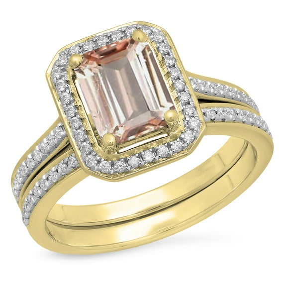 Dazzlingrock Collection 3.20 Carat (ctw) 10K Emerald Cut Peach & Round White Cubic Zirconia Ring Set, Yellow Gold, Size 4.5