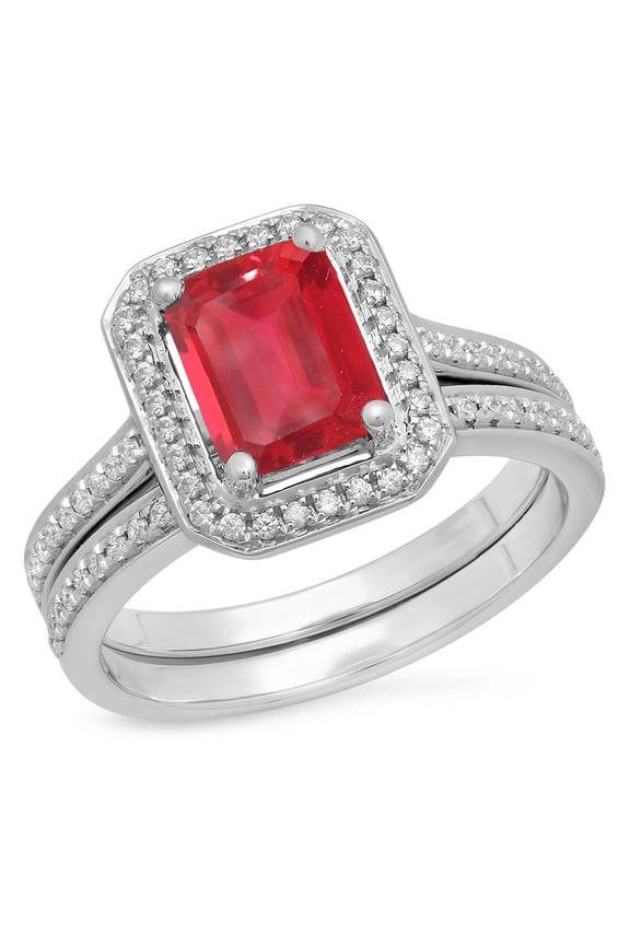 Collection 3.20 Carat (ctw) 10K Emerald Cut Red & Round White Cubic Zirconia CZ Ring Set, White Gold, Size 7
