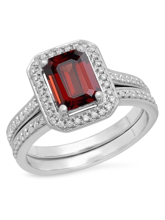 Collection 3.20 Carat (ctw) 10K Emerald Deep Red & Round White Cubic Zirconia Ring Set, White Gold, Size 7