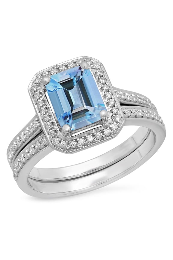 Collection 3.20 Carat (ctw) 10K Emerald Sky Blue & Round White Cubic Zirconia Ring Set, White Gold, Size 7