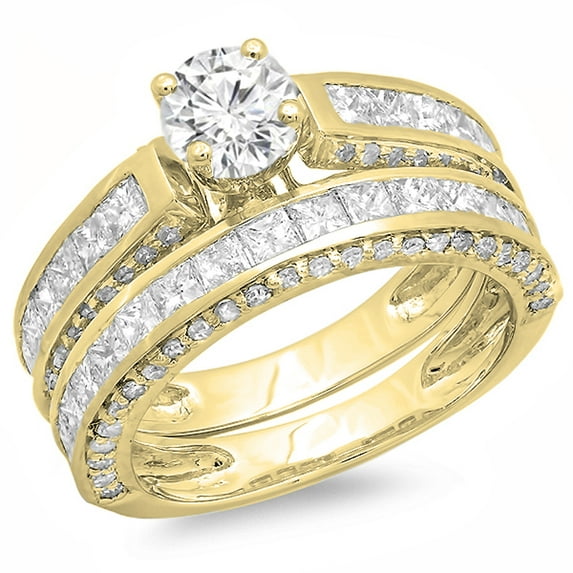 Dazzlingrock Collection 3.25 Carat (ctw) 14K Princess & Round Diamond Ladies Bridal Engagement Ring Set, Yellow Gold, Size 9
