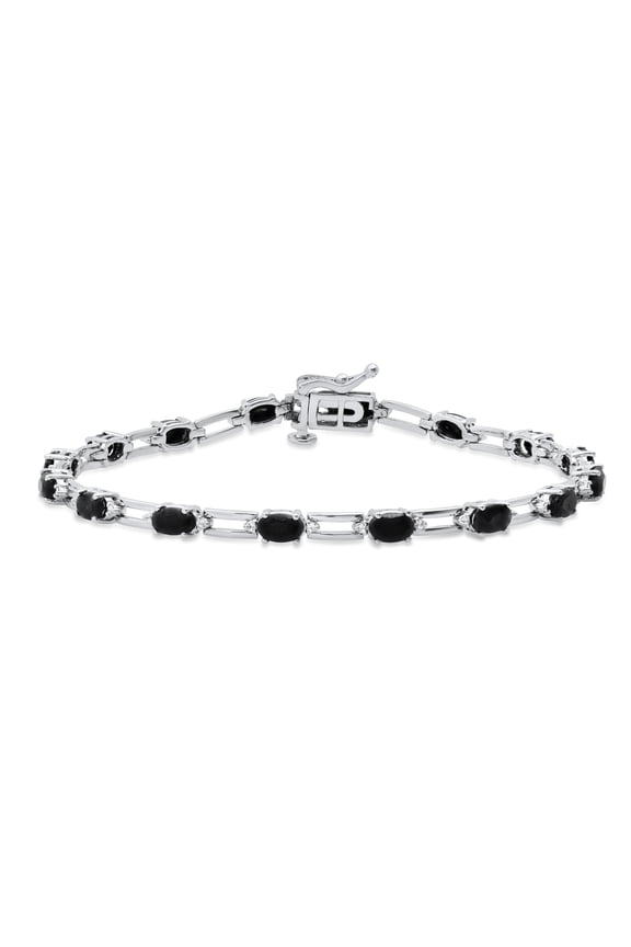 Collection 3X5mm Oval Black Sapphire & Round White Sapphire Tennis Bracelet for Women in 925 Sterling Silver