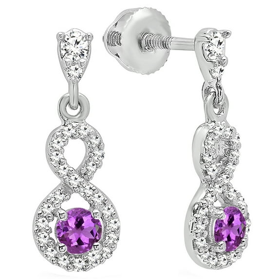 Dazzlingrock Collection 3mm Round Amethyst & White Diamond Infinity Swirl Screwback Dangling Drop Earrings for Women (0.18 ctw, Color I-J, Clarity I1-I2) in 18K White Gold