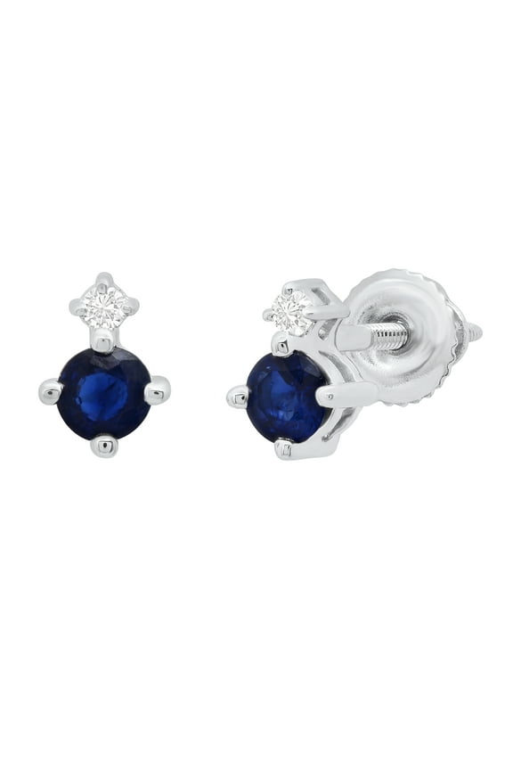 Collection 3mm Round Blue Sapphire & White Diamond Screwback 2 Stone Stud Earrings for Women (0.05 ctw, Color I-J, Clarity I2-I3) in 10K White Gold