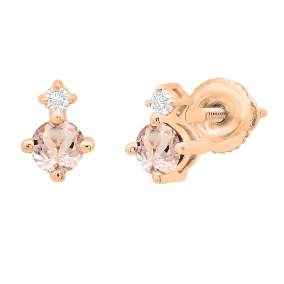 Dazzlingrock Collection 3mm Round Morganite & White Diamond Screwback 2 Stone Stud Earrings for Women (0.05 ctw, Color I-J, Clarity I2-I3) in 10K Rose Gold