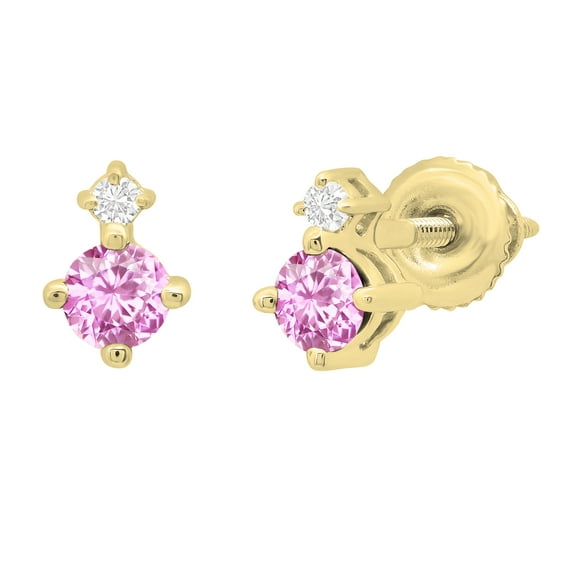 Dazzlingrock Collection 3mm Round Pink Sapphire & White Diamond Screwback 2 Stone Stud Earrings for Women (0.05 ctw, Color I-J, Clarity I1-I2) in 14K Yellow Gold