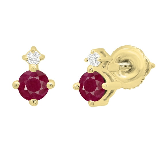 Dazzlingrock Collection 3mm Round Ruby & White Diamond Screwback 2 Stone Stud Earrings for Women (0.05 ctw, Color I-J, Clarity I1-I2) in 18K Yellow Gold