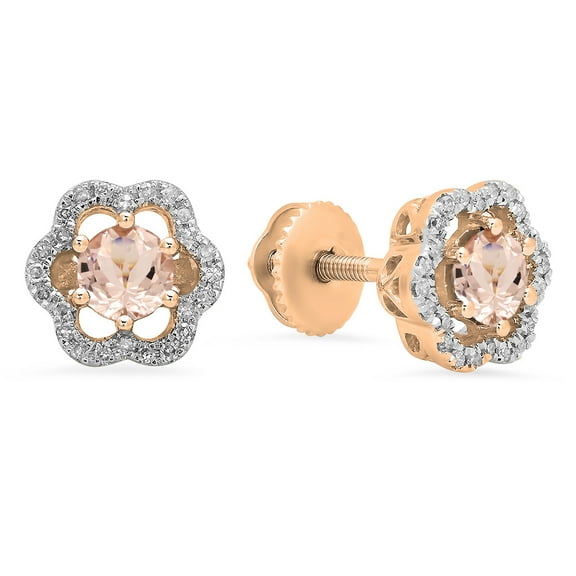 Dazzlingrock Collection 4.2 MM Round Morganite & White Diamond Flower Shape Cluster Fashion Stud Earrings for Her | 10K Rose Gold