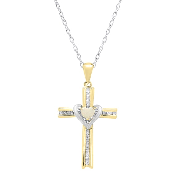 Dazzlingrock Collection 4mm Heart Opal & Round White Diamond Heart Cross Pendant for Women with 18 Inch Silver Chain (0.05 ctw, Color I-J, Clarity I1-2) in 18K White & Yellow Gold