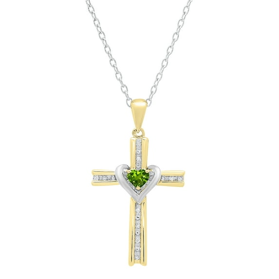 Dazzlingrock Collection 4mm Heart Peridot & Round White Diamond Heart Cross Pendant for Women with 18 Inch Silver Chain (0.05 ctw, Color I-J, Clarity I1-2) in 18K White & Yellow Gold