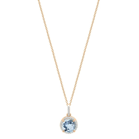 Dazzlingrock Collection 6.5mm Round Aquamarine & White Diamond Halo Pendant for Women with 18 Inch Gold Chain (0.10 ctw, Color I-J, Clarity I1-I2) in 14K Rose Gold