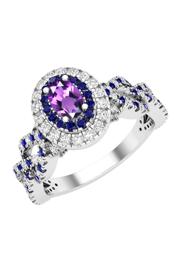 Collection 6X4mm Oval Amethyst with Round Blue Sapphire & White Diamond Interweaving Double Halo Wedding Ring for Women in 10K White Gold, Size 4