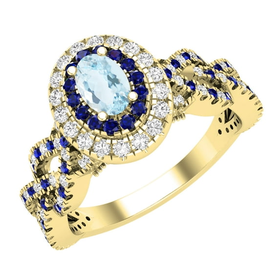 Dazzlingrock Collection 6X4mm Oval Aquamarine with Round Blue Sapphire & White Diamond Interweaving Double Halo Wedding Ring for Women in 14K Yellow Gold, Size 5