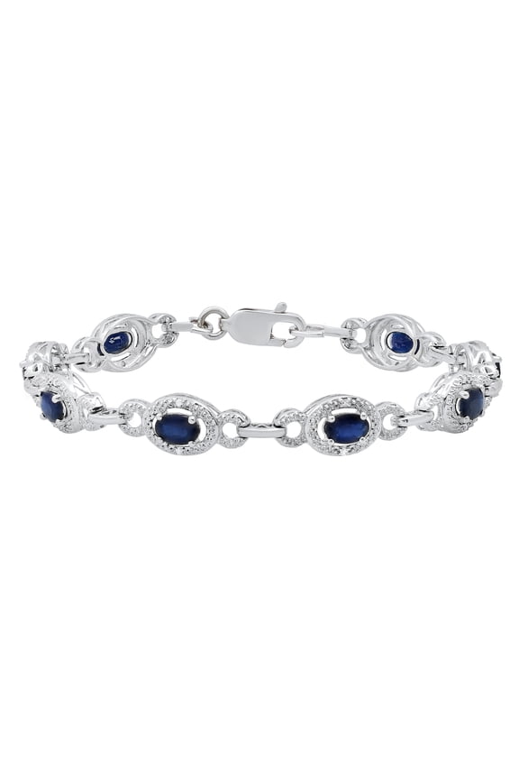 Collection 6X4mm Oval Blue Sapphire with Round White Diamond Accents Ladies Tennis Bracelet for Women (0.08 ctw, Color I-J, Clarity I2-I3)) in 925 Sterling Silver