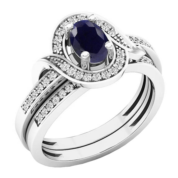 Dazzlingrock Collection 6X4mm Oval Blue Sapphire & Round White Diamond Bridal Halo Style Wedding Ring Set for Women (0.18 ctw, Color I-J, Clarity I1-I2) in 14K White Gold, Size 6
