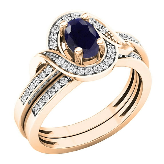 Dazzlingrock Collection 6X4mm Oval Blue Sapphire & Round White Diamond Bridal Halo Style Wedding Ring Set for Women (0.18 ctw, Color I-J, Clarity I1-I2) in 18K Rose Gold, Size 4