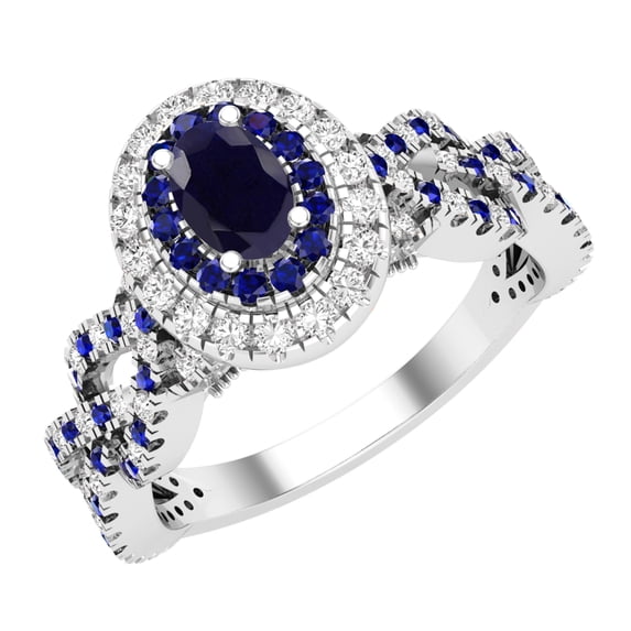 Dazzlingrock Collection 6X4mm Oval Blue Sapphire with Round Blue Sapphire & White Diamond Interweaving Double Halo Wedding Ring for Women in 925 Sterling Silver, Size 5.5