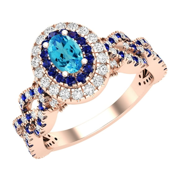 Dazzlingrock Collection 6X4mm Oval Blue Topaz with Round Blue Sapphire & White Diamond Interweaving Double Halo Wedding Ring for Women in 18K Rose Gold, Size 8