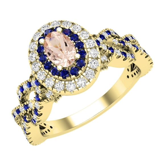 Dazzlingrock Collection 6X4mm Oval Morganite with Round Blue Sapphire & White Diamond Interweaving Double Halo Wedding Ring for Women in 18K Yellow Gold, Size 6