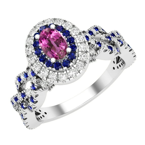 Dazzlingrock Collection 6X4mm Oval Pink Sapphire with Round Blue Sapphire & White Diamond Interweaving Double Halo Wedding Ring for Women in 10K White Gold, Size 7.5