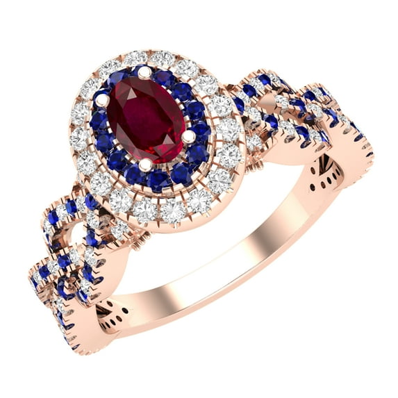 Dazzlingrock Collection 6X4mm Oval Ruby with Round Blue Sapphire & White Diamond Interweaving Double Halo Wedding Ring for Women in 14K Rose Gold, Size 5.5
