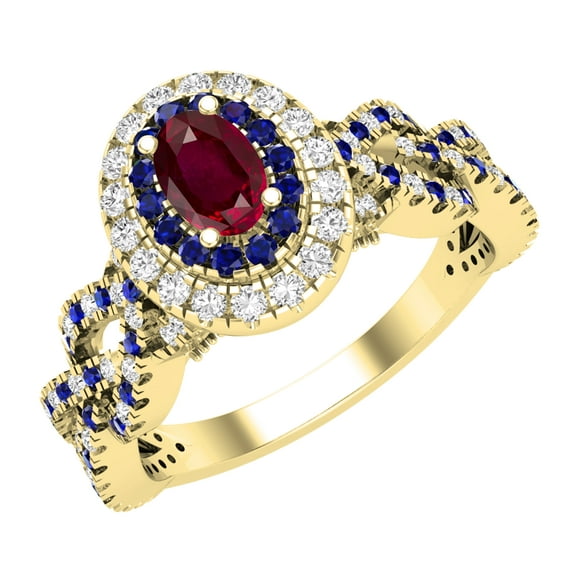 Dazzlingrock Collection 6X4mm Oval Ruby with Round Blue Sapphire & White Diamond Interweaving Double Halo Wedding Ring for Women in 18K Yellow Gold, Size 7