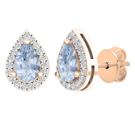 Dazzlingrock Collection 6X4mm Pear Aquamarine & Round White Diamond Teardrop Pushback Stud Earrings for Women (0.15 ctw, Color I-J, Clarity I2-I3) in 10K Rose Gold