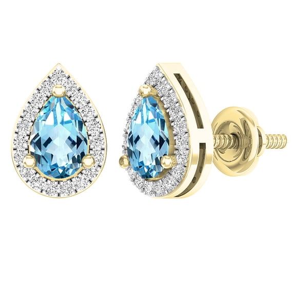 Dazzlingrock Collection 6X4mm Pear Blue Topaz & Round White Diamond Teardrop Screwback Stud Earrings for Women (0.15 ctw, Color I-J, Clarity I1-I2) in 14K Yellow Gold