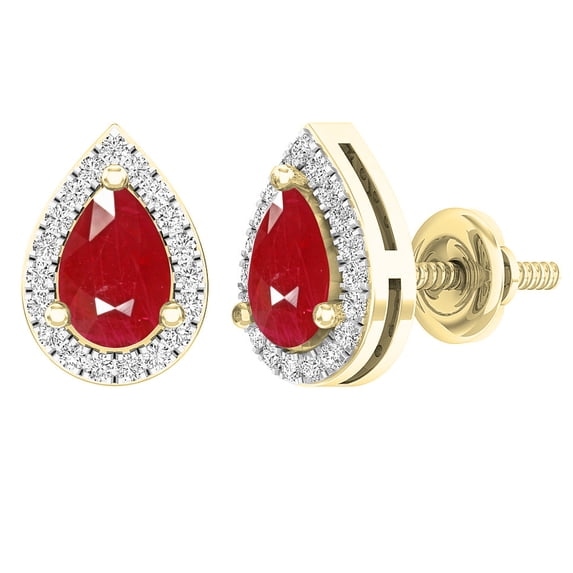 Dazzlingrock Collection 6X4mm Pear Ruby & Round White Diamond Teardrop Screwback Stud Earrings for Women (0.15 ctw, Color I-J, Clarity I1-I2) in 14K Yellow Gold