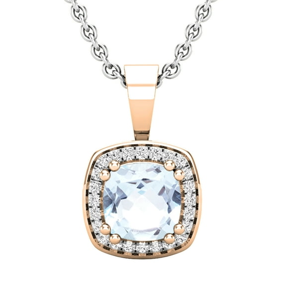 Dazzlingrock Collection 6mm Cushion Aquamarine & 0.10 CT Round White Diamond Dainty Halo Pendant with 18 inch Silver Chain for Women in 14K Rose Gold