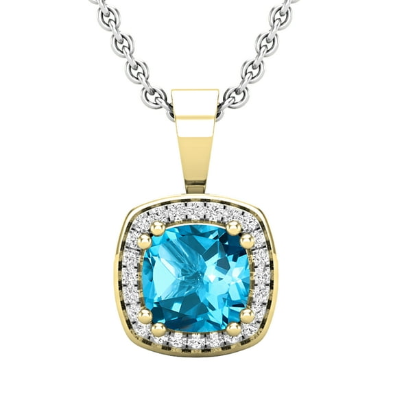 Dazzlingrock Collection 6mm Cushion Blue Topaz & 0.10 CT Round White Diamond Dainty Halo Pendant with 18 inch Silver Chain for Women in 18K Yellow Gold
