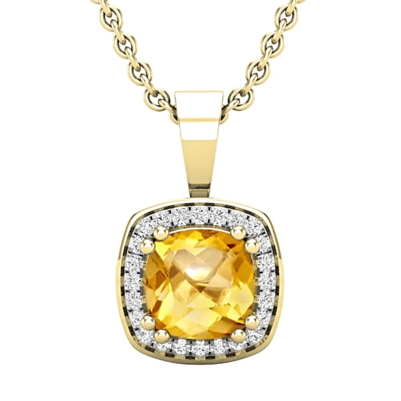 Dazzlingrock Collection 6mm Cushion Citrine & 0.10 CT Round White Diamond Dainty Halo Pendant with 18 inch Gold Chain for Women in 14K Yellow Gold
