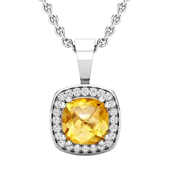Dazzlingrock Collection 6mm Cushion Citrine & 0.10 CT Round White Diamond Dainty Halo Pendant with 18 inch Silver Chain for Women in 18K White Gold